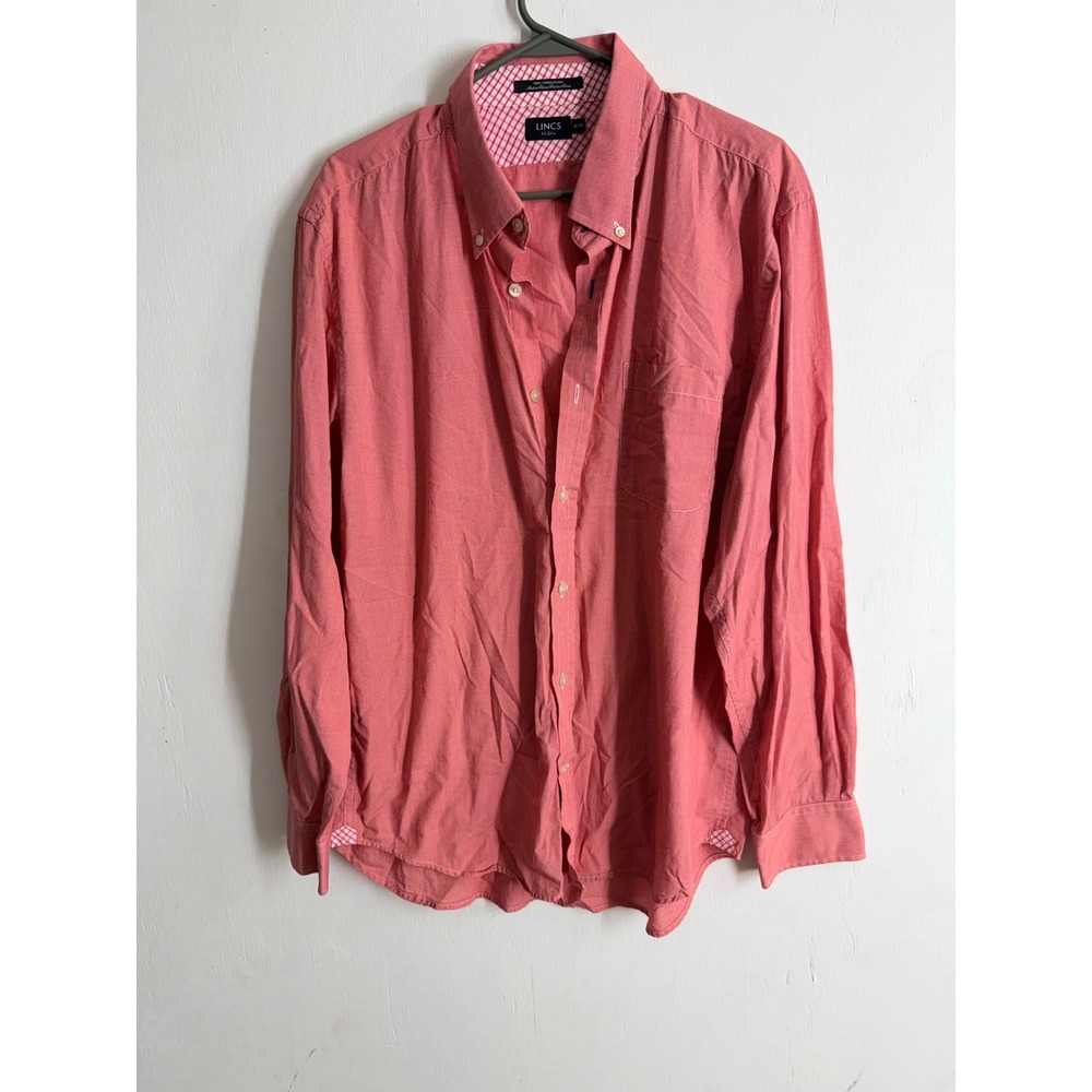 Lincs DC & Co Mens XL Cotton Button Down Shirt Coral Pink Micro Check LS